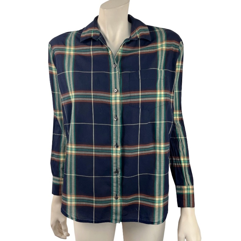 Madewell Ex-boyfriend Navy and Jade‎ Green Paid Button Front Shirt